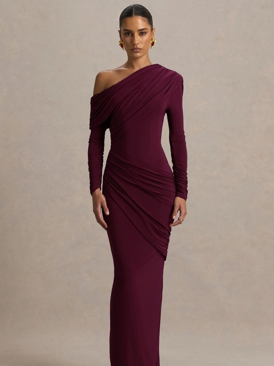 Club L London Dresses & Skirts - Club L London One-Shoulder Ruched Wine Long Sleeve Gown
